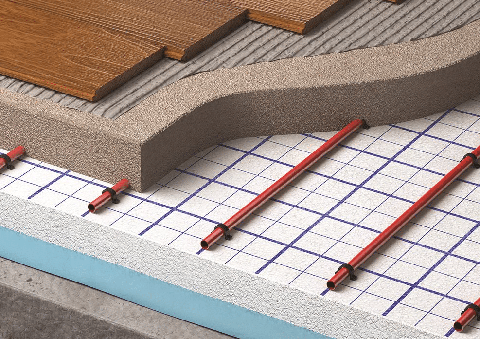 Installation of a water underfloor heating system in a new-build passive house.