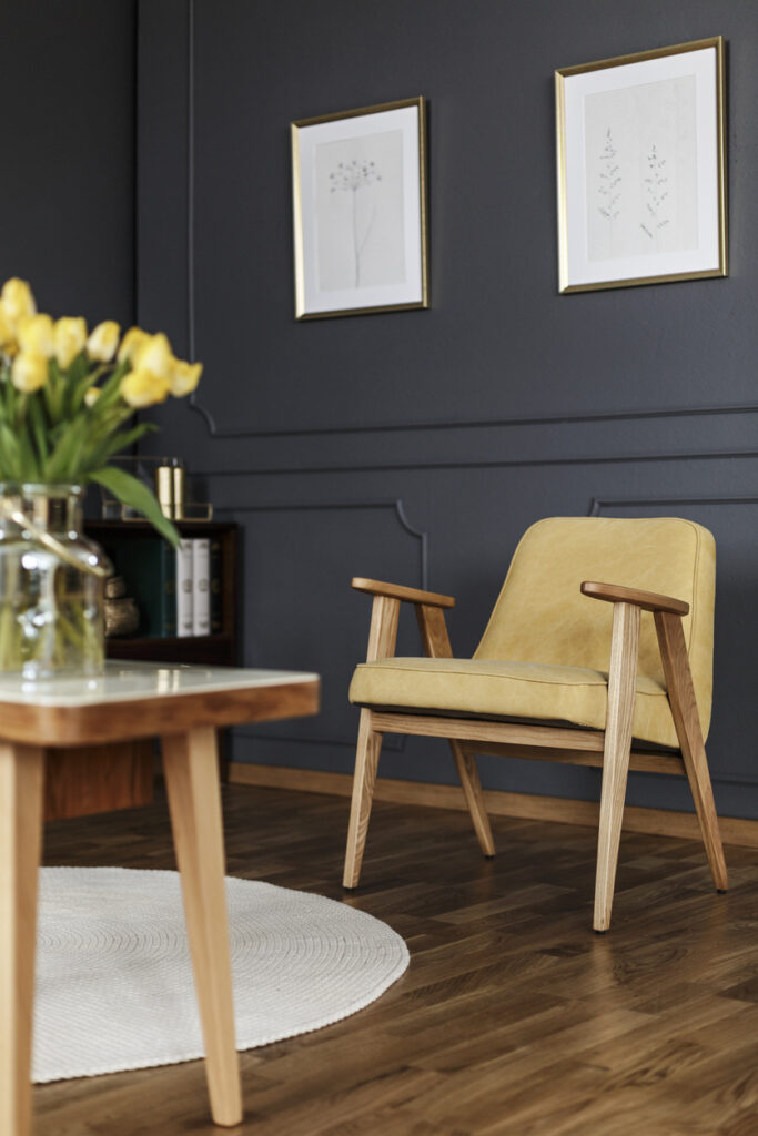 living room with a yellow armchair
