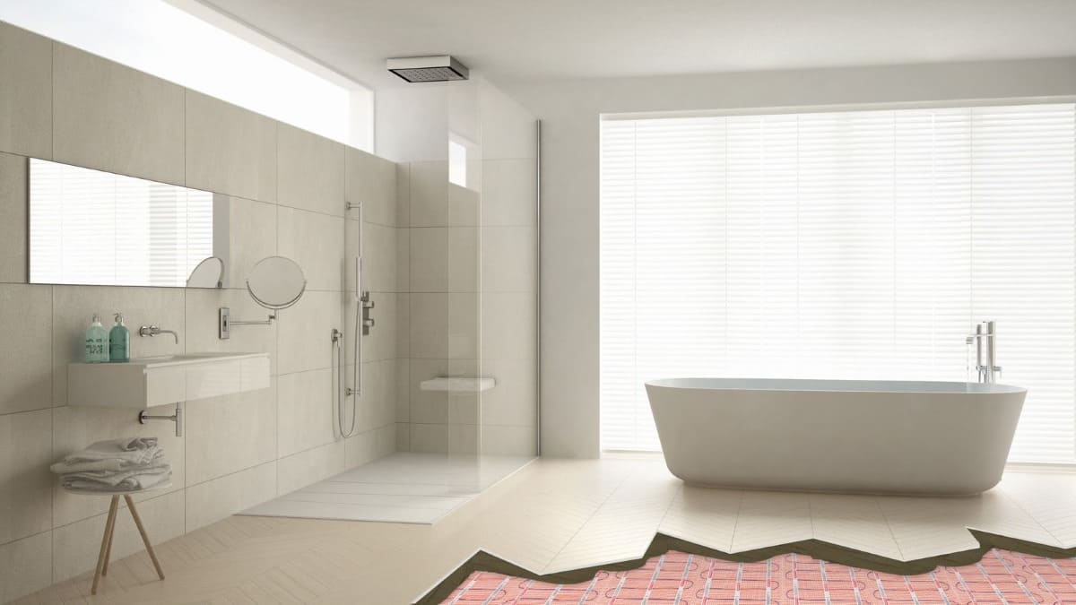 modern open space plan bathroom with underfloor heating